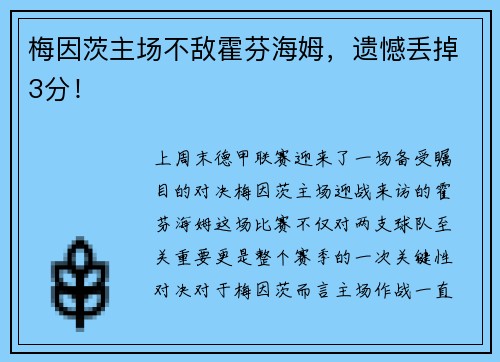 梅因茨主场不敌霍芬海姆，遗憾丢掉3分！