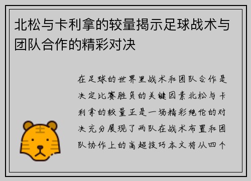 北松与卡利拿的较量揭示足球战术与团队合作的精彩对决